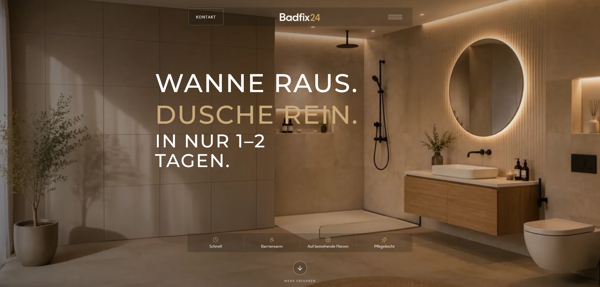 Badfix24 homepage with a modern bathroom and bathtub-to-shower conversion headline