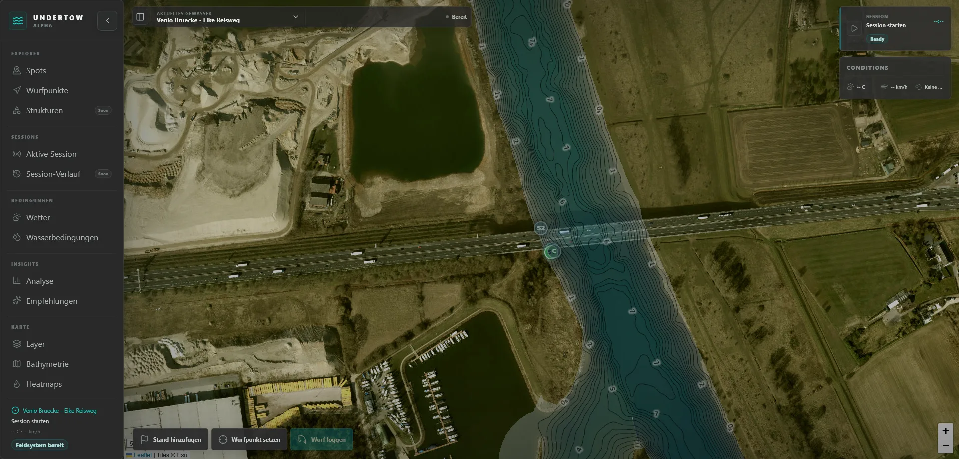 undertow map view with a fishing session sidebar and depth contours