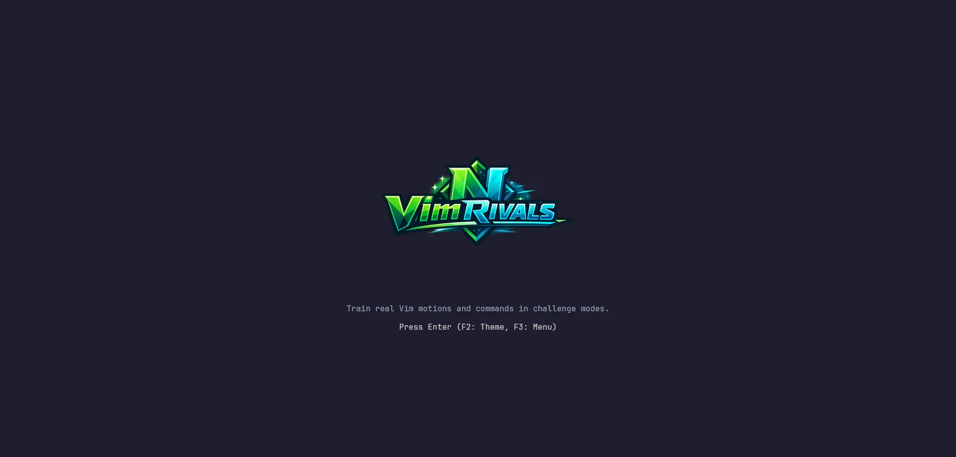 VimRivals start screen with its logo and invitation to practise Vim motions and commands